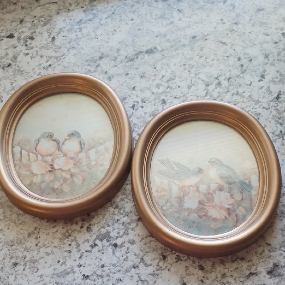 Homco Gold Picture Frame Accents Oval Pictures Set Of 2 Blue Birds